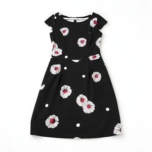 Black Floral Ladybug Print Fit & Flare Dress Womens M Stretch Retro Daisy Polka